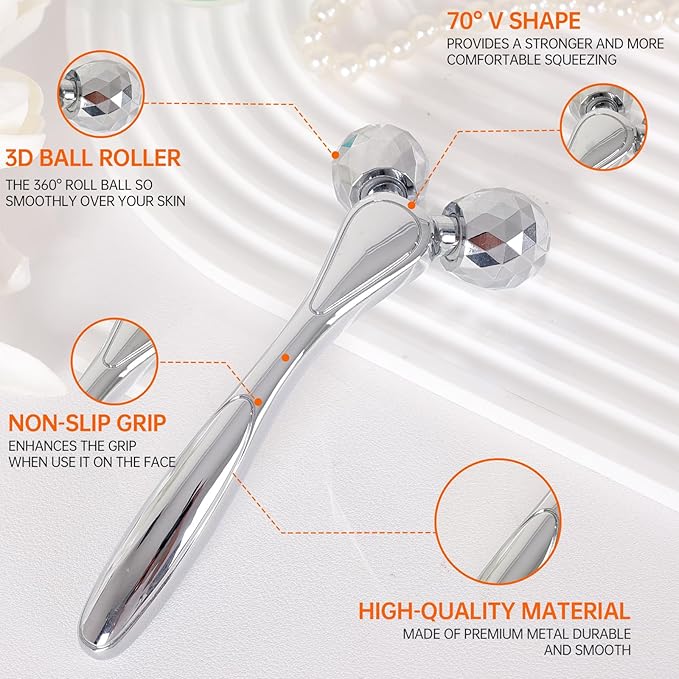 Metal Facial Roller Massager, 3D Cooling Face Massage Tool for Reduce Puffiness, Remove Eye Wrinkles, Face Lifting, Increase Firmness, Anti-Aging, Skin Tightening-Velvo Beauty