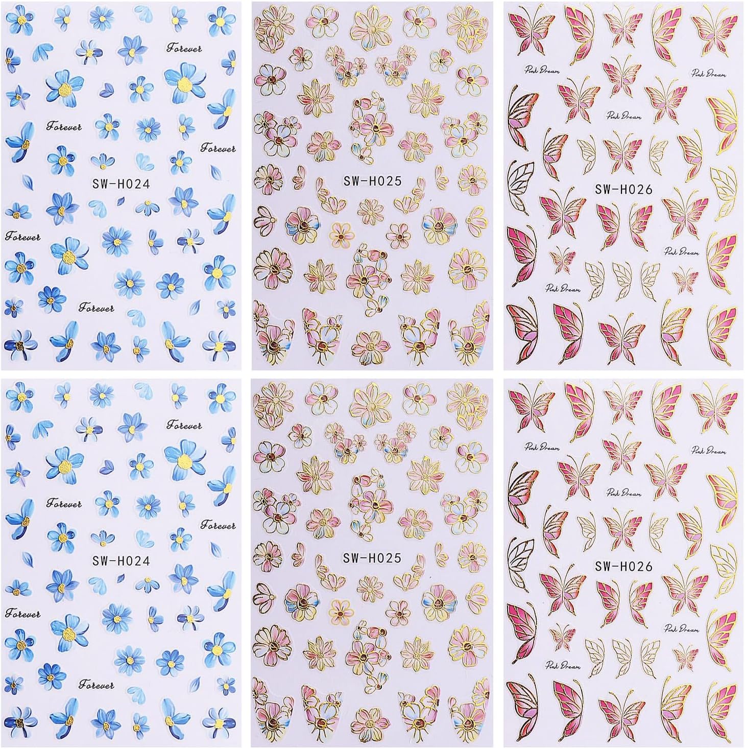 6Sheets Flower Nail Art Stickers 3D Self-Adhesive Nail Sticker Butterfly Nails Art Decals Holographic Floral Butterfly Nails Decal Decoration for Women Blue Blossom Manicure DIY Nail Supplies-Velvo Beauty