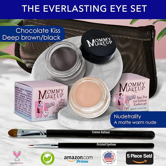The Everlasting Eye 5 Piece Waterproof Makeup Set. Gel Eyeliner, Creme Eyeshadow, 2 brushes and Mesh Bag. Paraben-free, Talc-free, Cruelty-free. Nudetrality/Chocolate Kiss 2402-Velvo Beauty