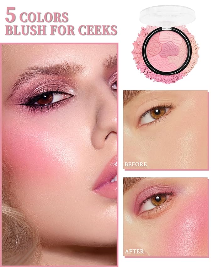 Flower Blush for Cheeks, Matte Shimmer Face Blush Powder,Contour Multiuse Facial Make up Palette,Long Lasting Waterproof Embossed Blusher,Mother's Day Makeup Gift for Women-01#Sakura Pink-Velvo Beauty
