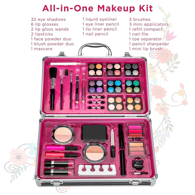 Makeup Kit Set - 32 Eye Shadows 6 Lip Glosses 2 Lip Gloss Wands 2 Lipsticks 1 Face Powder Duo 1 Blush Powder Duo 1 Mascara - Case with Carrying Handle-Velvo Beauty