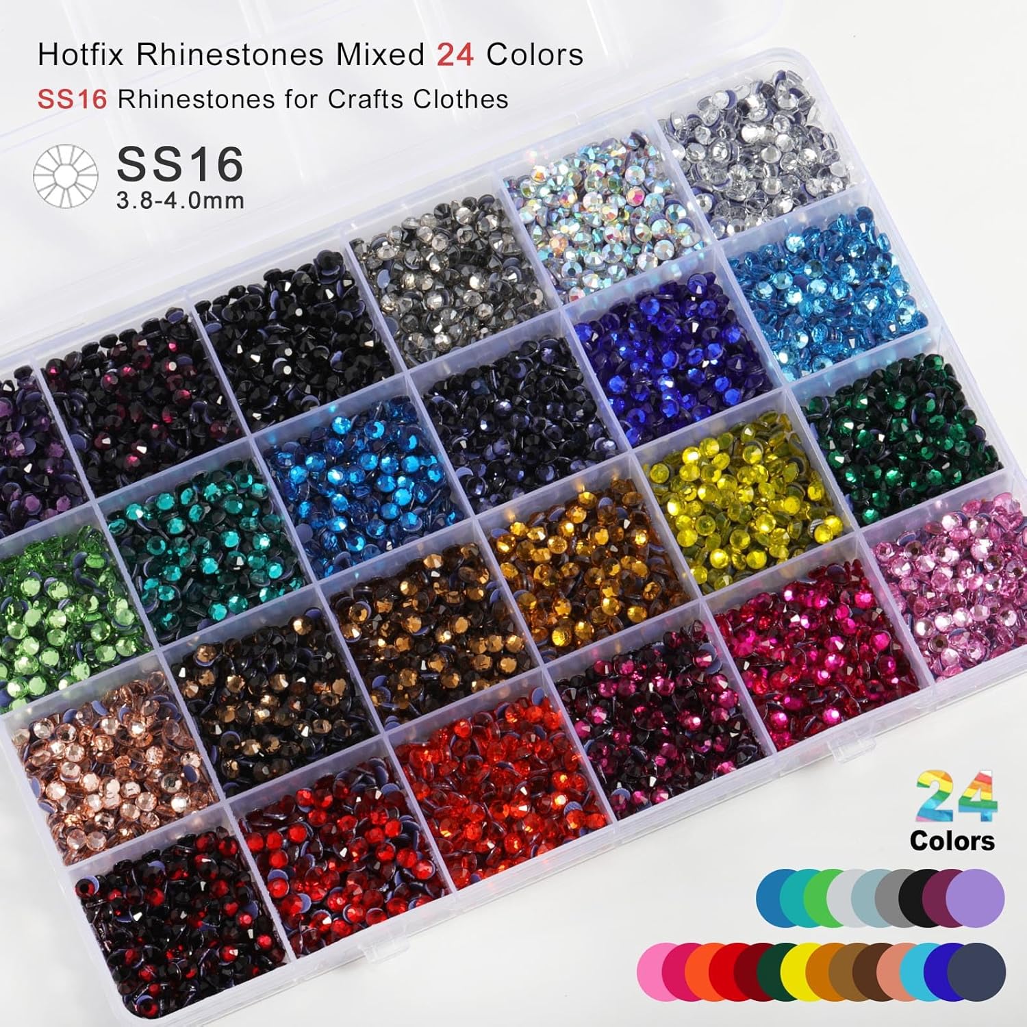 Hotfix Rhinestones Mixed 24 Colors, SS16 Rhinestones for Crafts Clothes, Hotfix Crystals with 1 Tweezers, 1 Wax Pencil and 1 Spoon-Velvo Beauty