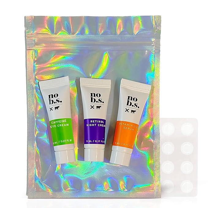 No B.S. (No Bad Stuff) Skincare Minis Kit, Vitamin C & E Serum with Hyaluronic Acid, Retinol Night Cream, Caffeine Eye Cream & Invisible, Waterproof Acne Patches, 4 Product Trial Size-Velvo Beauty