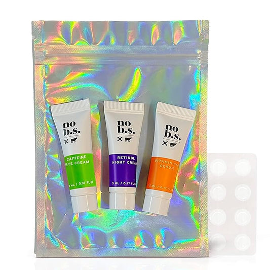 No B.S. (No Bad Stuff) Skincare Minis Kit, Vitamin C & E Serum with Hyaluronic Acid, Retinol Night Cream, Caffeine Eye Cream & Invisible, Waterproof Acne Patches, 4 Product Trial Size-Velvo Beauty