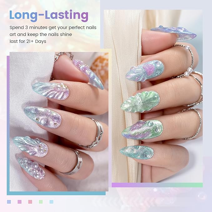 RARJSM Aurora Mermaid Cat Eye Gel Nail Polish Set 6 Colors Velvet Silver Glitter Pink Green Blue Purple Galaxy Star Shimmer Gel Polish with Magnetic Stick UV LED Curing Requires Soak Off Home Salon-Velvo Beauty