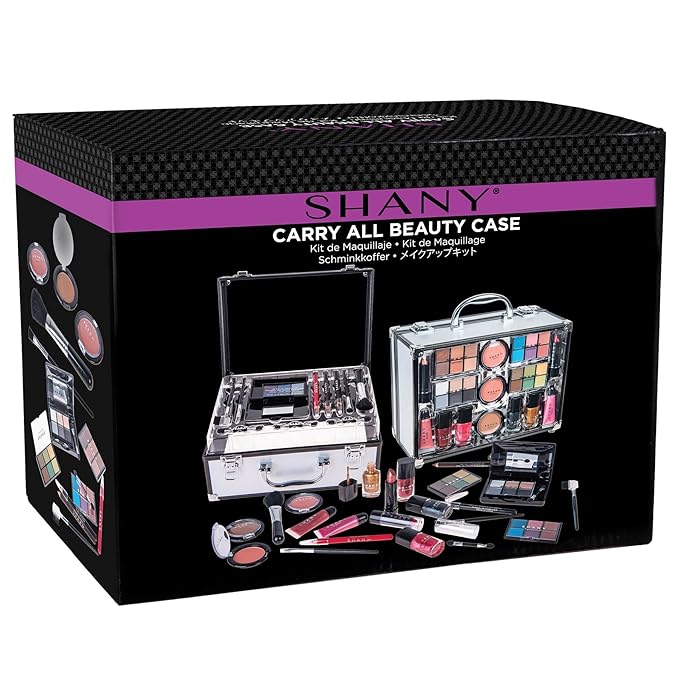 SHANY Carry All Trunk Makeup Train Case with Re-usable Aluminum Makeup Storage Case. Non Toxic Color Make up Set with Eye palettes, Blushes,Makeup Powders, Manicure, Pedicure and Makeup Brushes.-Velvo Beauty