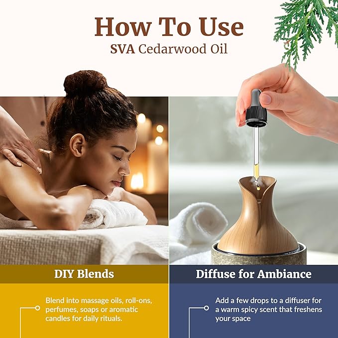 SVA Cedarwood Essential Oil – 4 Fl Oz – 100% Natural Cedar Cupressus Funebris Oil - for Diffuser, Hair Care, Face, Skin Care, Aromatherapy, Scalp and Body Massage, Soap and Candles - with Dropper-Velvo Beauty