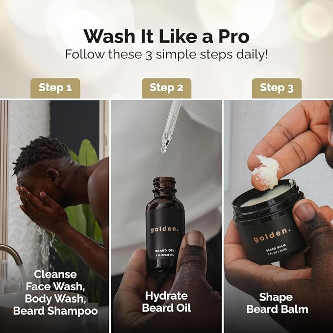 Golden Grooming Co. Everyday Grooming Bundle for Textured Hair & Melanin-Rich Skin | Essential Beard & Skincare Kit with Beard Shampoo, Face Wash, Beard Oil, Body Wash & Beard Balm-Velvo Beauty