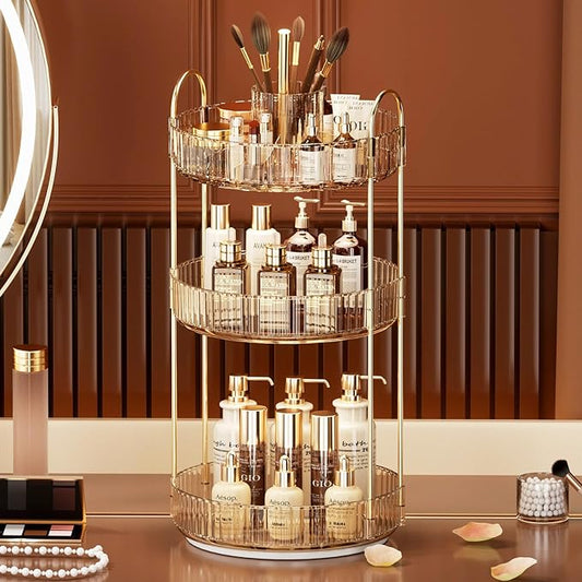 360° Rotating Makeup Organizer, Large-Capacity Skincare Make Up Storage 3 Tier Perfume Organizers Cosmetic Dresser Organizer with Makeup Brush Holder, Fits Bedroom, Bathroom, Vanity Shelf Countertop-Velvo Beauty