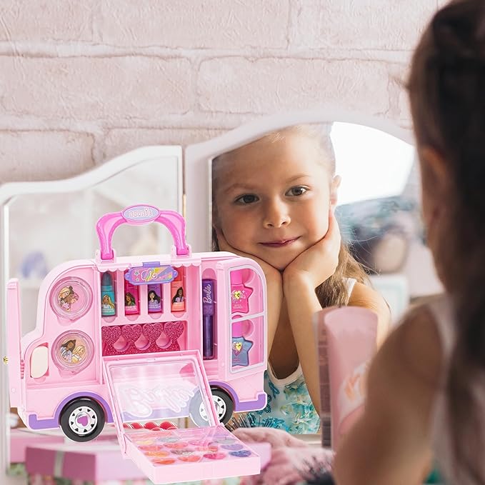 Barbie Car Makeup Kit for Girls, Real Washable Toy Makeup Set, Barbie Gift, Play Makeup and Pretend Play Toys Ages 6 7 8 9 10 11 12-Velvo Beauty