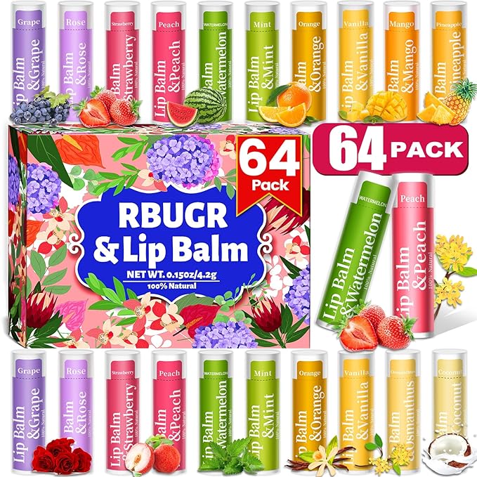 64 Pack Lip Balm, 12 Flavored Organic Natural Lip Balm Bulk Set with Coconut Oil, Moisturizing Lip Balms for Dry Cracked Lips,Bulk Lip Balms Hydrating for Gifts Party Favors(4.2g/0.15oz)-Velvo Beauty