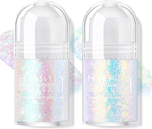 2 Colors Roll-on Body Glitter Gel, Holographic Glitter Gel Under Light for Face Hair, Body Shimmer for Rave Accessories Christmas New Year Halloween Makeup (11+12)-Velvo Beauty