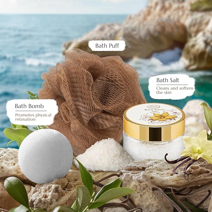 Bath and Body Warm Vanilla Sugar Spa Gifts for Women, with Shower Gel, Bubble Bath, Body Lotion, Bath Bomb, Bath Salt, Spa Basket Gift Set for Women, 7pcs Set Gifts-Velvo Beauty