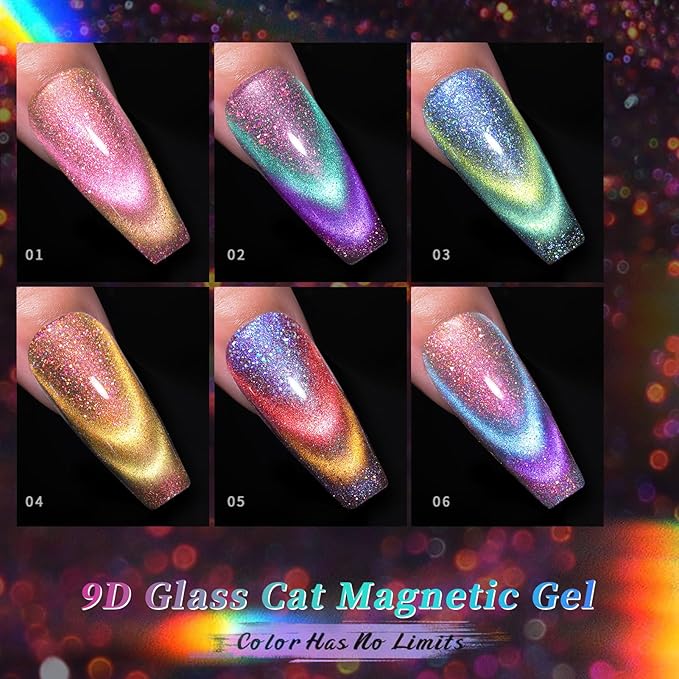 Born Pretty Cat Magnetic Gel Nail Polish 9D Chameleon Holorgraphic Cat Magnetic Eye Gel Polish Glitter Gel Polish Set 6PCS-Velvo Beauty