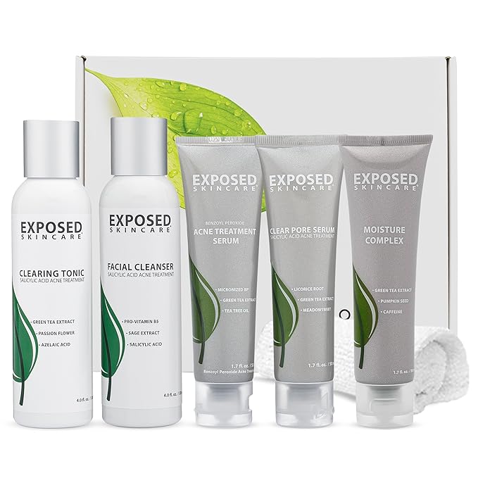 Exposed Skin Care Expanded Acne Treatment Kit - Includes Salicylic Acid Face Wash, Clearing Tonic, Treatment Serum with Benzoyl Peroxide, Clear Pore Serum, Moisture Complex - Made for All Skin Types-Velvo Beauty