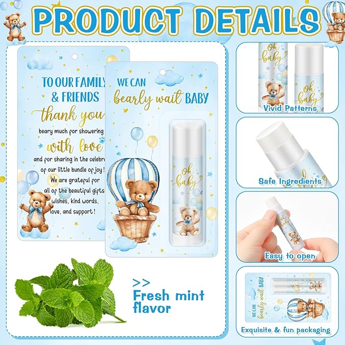 50 Pack Baby Shower Lip Balm Bulk Bear Baby Shower Favors Baby Mint Flavor Lip Balm Baby Shower Gifts for Guest Bear Themed Baby Shower Thank You Gifts Girls Boys Games Gender Reveal Favors-Velvo Beauty