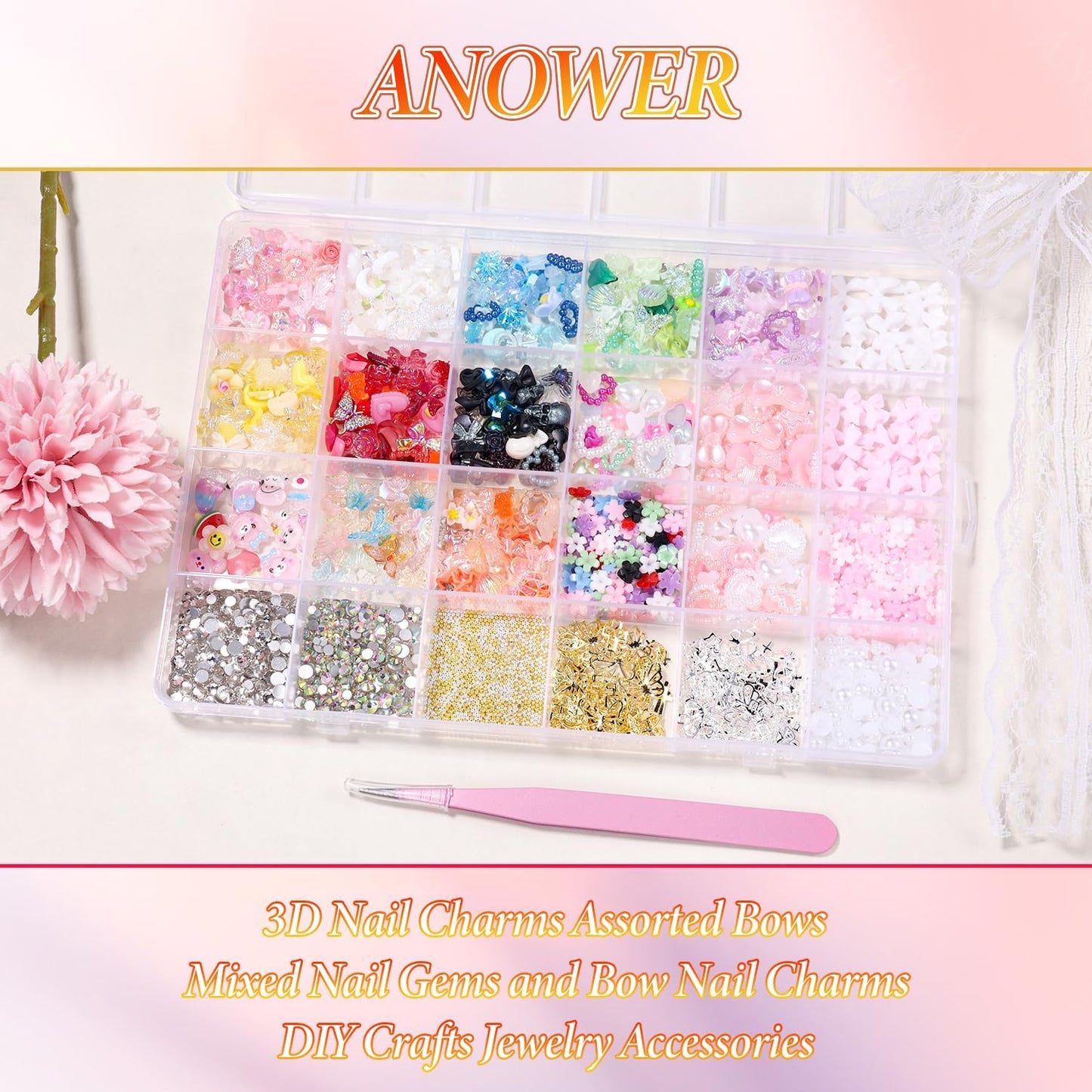 3D Nail Charms and Gems Mix Styles Butterfly Flower Bow Heart Colorful Assorted Nail Art Charm for Acrylic Nails Design, Pearls Nails Charms with Rhinestones Tiny Beads with Tweezers-Velvo Beauty