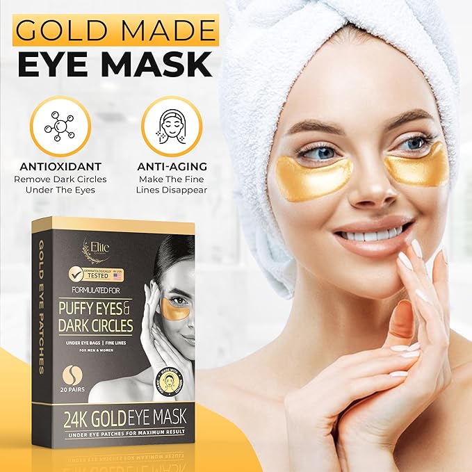 24k Gold Eye Mask - Under Eye Patches for Dark Circles, Puffiness, and Wrinkles - 20 Gold Eye Patches for Puffy Eyes with Collagen and Amino Acids for Intense Hydration and Firming-Velvo Beauty