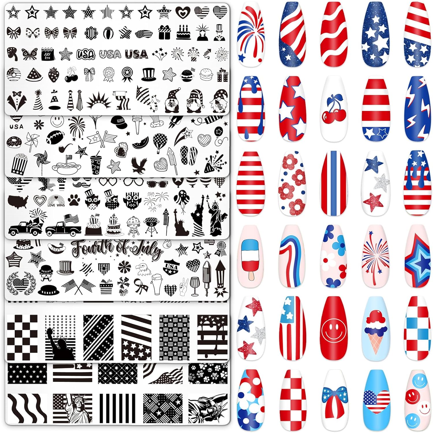 Whaline 6Pcs Patriotic Nail Plates Stamping Set USA Flag Star Stamp Templates 4th of July Nail Art Plates for Independence Day DIY Print Manicure Salon Design-Velvo Beauty