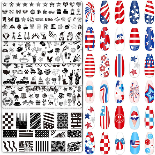 Whaline 6Pcs Patriotic Nail Plates Stamping Set USA Flag Star Stamp Templates 4th of July Nail Art Plates for Independence Day DIY Print Manicure Salon Design-Velvo Beauty
