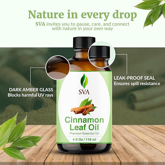 SVA Cinnamon Leaf Essential Oil – 4 Fl Oz – 100% Natural Cinnamon Oil - for Diffuser, Hair Care, Face, Skin Care, Aromatherapy, Scalp and Body Massage, Soap and Candle Making – with Dropper-Velvo Beauty