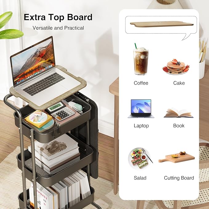 DTK 3 Tier Metal Utility Rolling Cart with Table Top and Side Bags, Tray Storage Organizer Wheels, Art Craft 4 Hooks for Kitchen Bathroom Office Living Room (Black)-Velvo Beauty