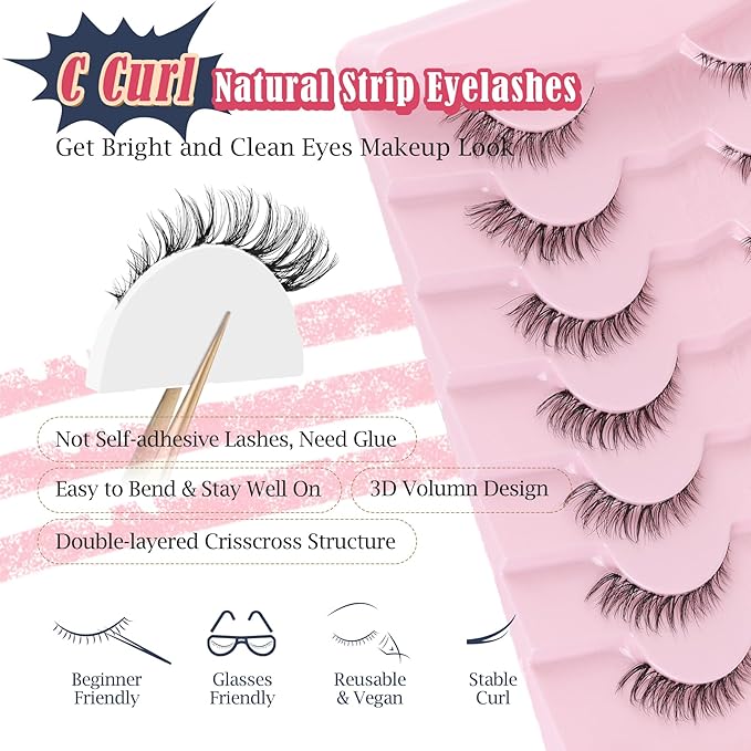 Cat Eyelashes Wispy False Eyelashes Natural 12mm Short Lashes with Thin Band Fake Eyelash 3D Volume Strip Lashes Siligli Eyelash Pack 7 Pair-Velvo Beauty