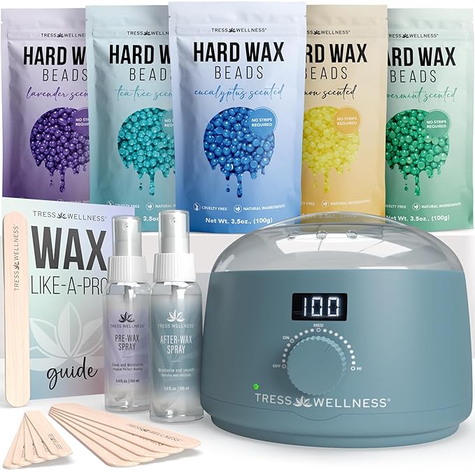 Tress Wellness Waxing Kit for Sensitive Skin – Safe for Face & Skin, Prep & Aftercare Spray, Easy to Use – At-Home Kit for Face, Bikini, Brazilian & Full Body - Digital Display, Blue-Velvo Beauty
