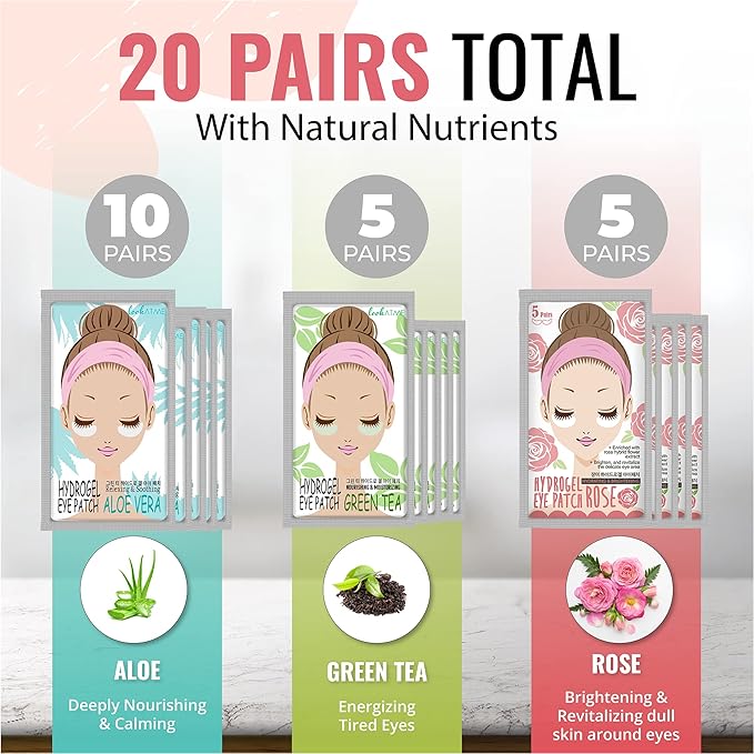 Under Eye Patches for Dark Circles and Puffiness (20 Pairs) - Korean Skin Care Caffeine Collagen Eye Patches for Puffy Eyes -Hydrogel Eye Patch - Under Eye Mask - Aloe Vera Rose Green Tea Gel Eye Pads-Velvo Beauty