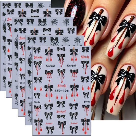 6 Sheets Halloween Nail Art Stickers 3D Self -Adhesive Black Bow Spider Web Nail Decals Holographic Bat Blood Drops Nail Stickers Halloween Nail Decoration for Women Manicure Supplies-Velvo Beauty