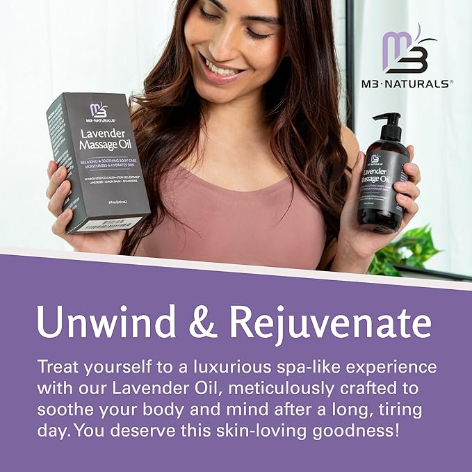 Lavender Sensual Massage Oil with Collagen and Stem Cells, Skin Tightening Therapy for Bum, Thighs, and Belly, Fast-Absorbing Cellulite Oil by M3 Naturals-Velvo Beauty