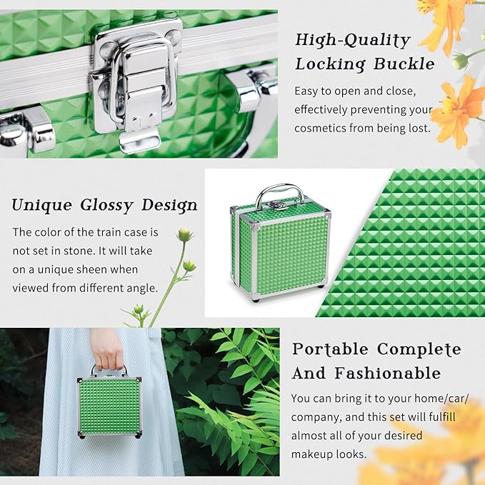 Color Nymph Beginner Makeup Kit For Teens With The Small Cosmetic Train Case Included 24-Colors Eyeshadow Palette Blushes Bronzer Highlighter Lipstick Brushes Mirror(Green)-Velvo Beauty