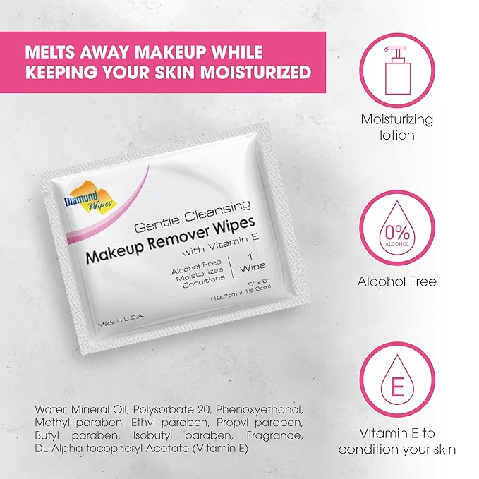 Diamond Wipes Face Cleansing and Waterproof Makeup Remover Wipes, Case of 50 Wipes, Alcohol Free Wipes with Vitamin E-Velvo Beauty
