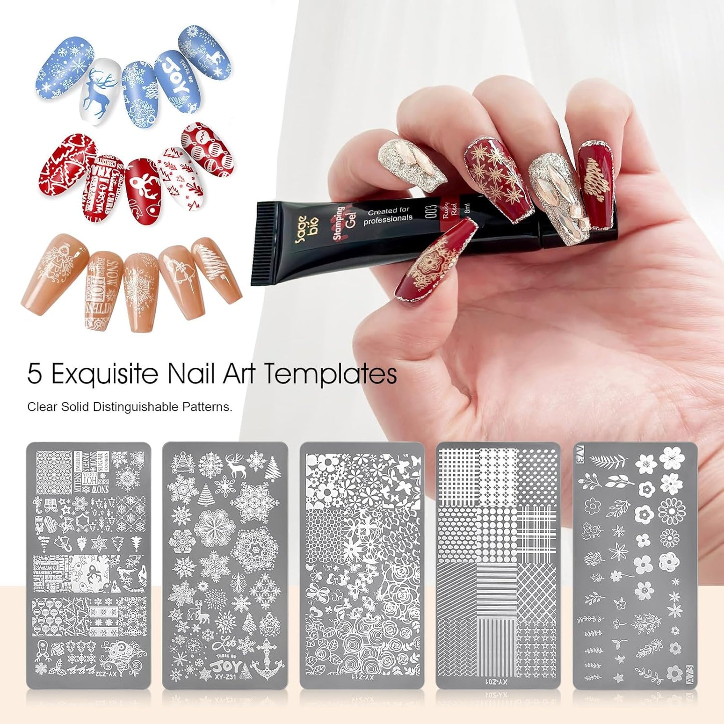 8 Colors Nail Stamping Polish Gels +5Pcs Stamp Print Templates+A set of Stamper with Scraper, Stamping Nail Polish Art Set Manicure Gift Collection-Velvo Beauty