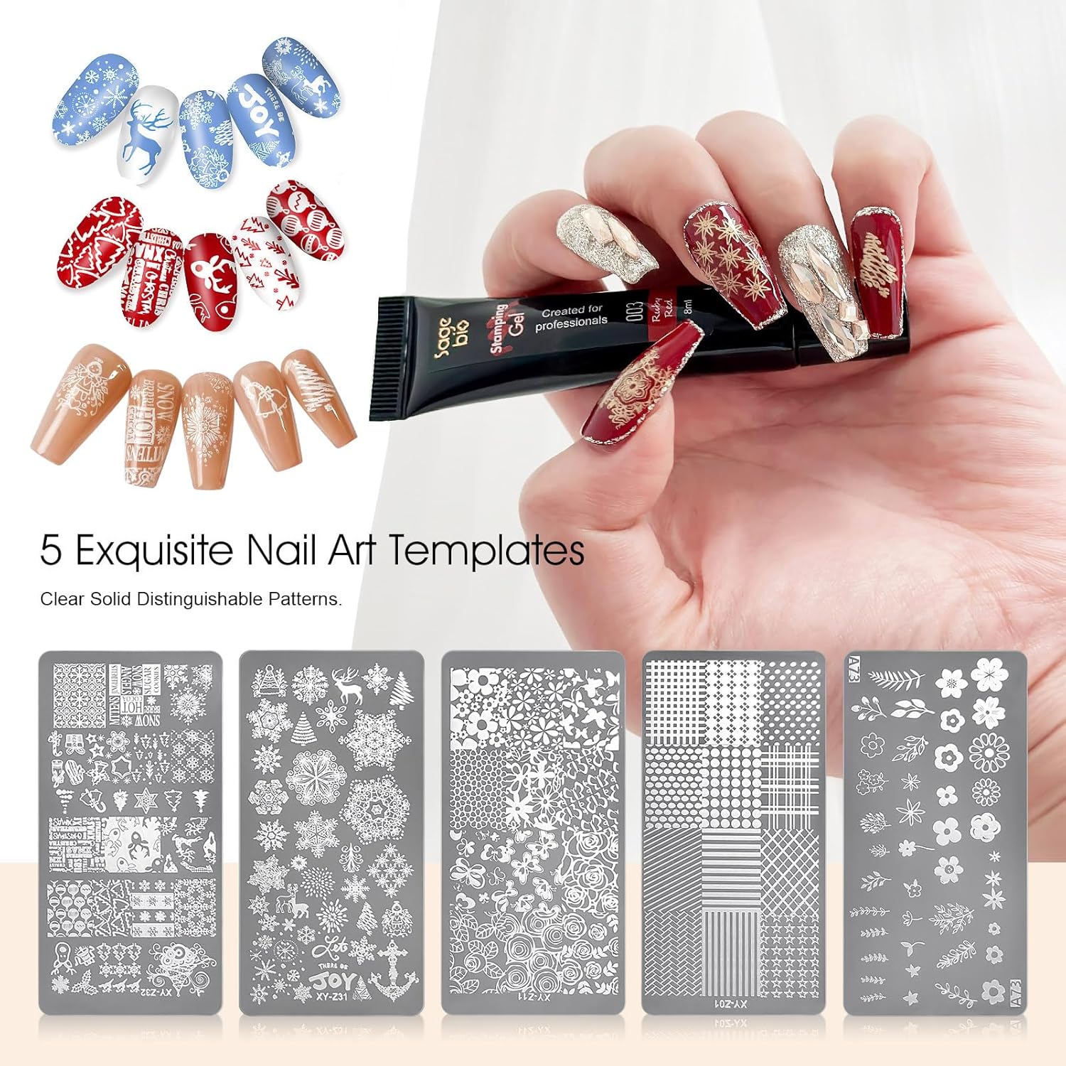 8 Colors Nail Stamping Polish Gels +5Pcs Stamp Print Templates+A set of Stamper with Scraper, Stamping Nail Polish Art Set Manicure Gift Collection-Velvo Beauty