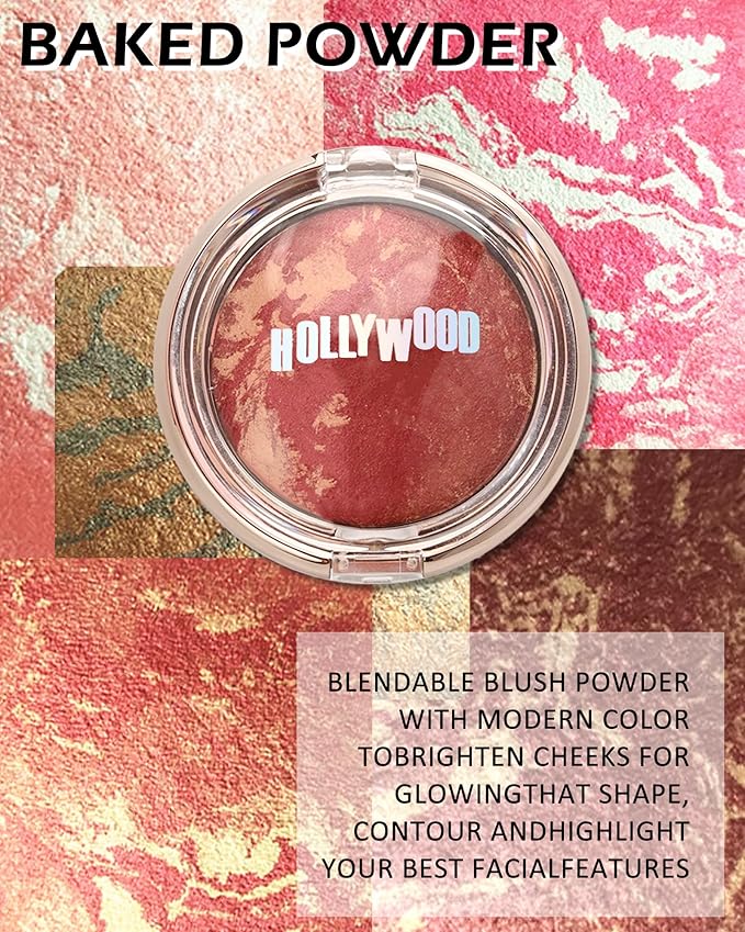 Baked Blush,Glow Marbleized Blusher Powder Palette,Lightweight Shimmery Blusher for Cheeks,Eyeshadow & Highlight,Makeup Gift for Women rubores de maquillaje(0.49Ounce)-08 Gold Pink-Velvo Beauty