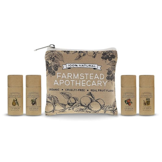 Farmstead Apothecary Lip Balm Gift Set with Pouch - Reusable Pouch Includes 4 -.2 oz Lip Balms - Boysenberry Vanilla, Fig & Honey, Pear & Almond , Apricot ,1 each. 100 % Natural, 99% Organic-Velvo Beauty