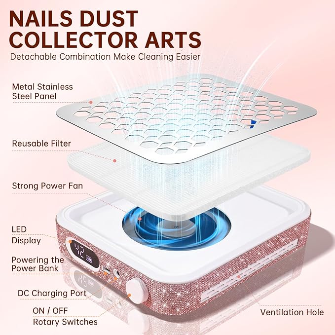 Nail Dust Collector, Rechargeable Dust Collector Nail Tech, Powerful Vacuum Fan Vent Dust Collector Extractor Dust Suction Machine for Acrylic Nails Polishing, Nail Salon&Home, Pink-Velvo Beauty
