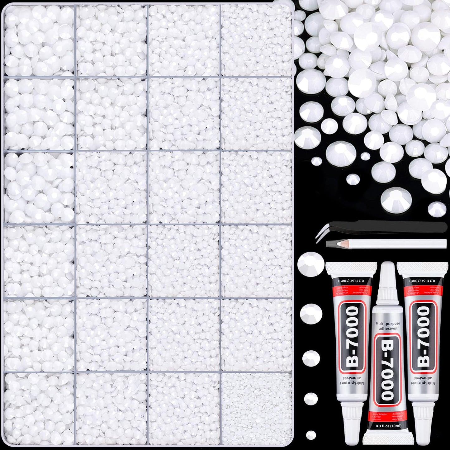 30000Pcs Resin White Rhinestones for Bedazzling Crafting with b7000 Jewelry Glue, Bulk Flatback Gems Bedazzler Kit for Crafts Clothes Shoes Fabric Nail Diamond Art, Assorted Size 2/3/4/5/6mm-Velvo Beauty