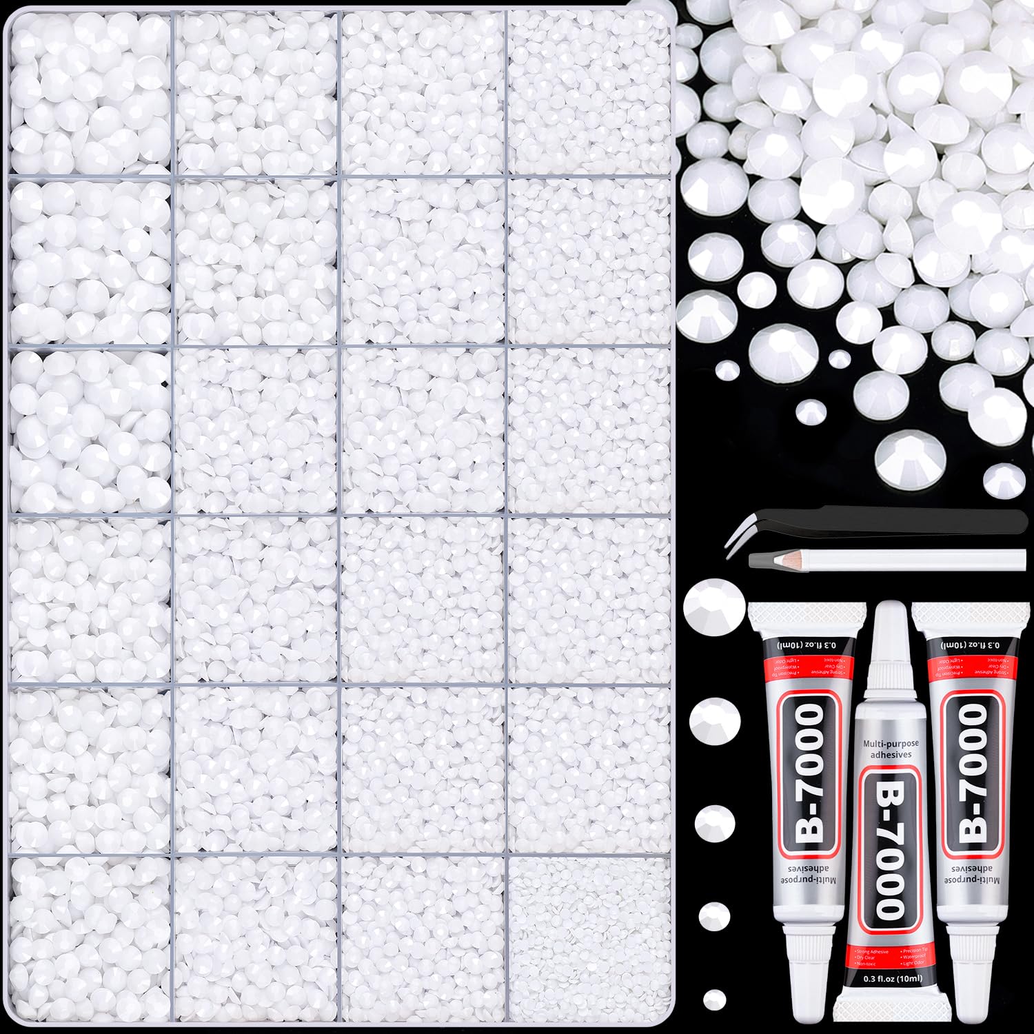 30000Pcs Resin White Rhinestones for Bedazzling Crafting with b7000 Jewelry Glue, Bulk Flatback Gems Bedazzler Kit for Crafts Clothes Shoes Fabric Nail Diamond Art, Assorted Size 2/3/4/5/6mm-Velvo Beauty