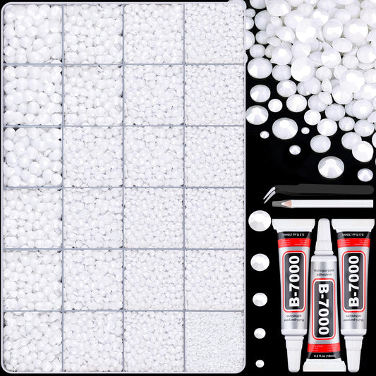 30000Pcs Resin White Rhinestones for Bedazzling Crafting with b7000 Jewelry Glue, Bulk Flatback Gems Bedazzler Kit for Crafts Clothes Shoes Fabric Nail Diamond Art, Assorted Size 2/3/4/5/6mm-Velvo Beauty
