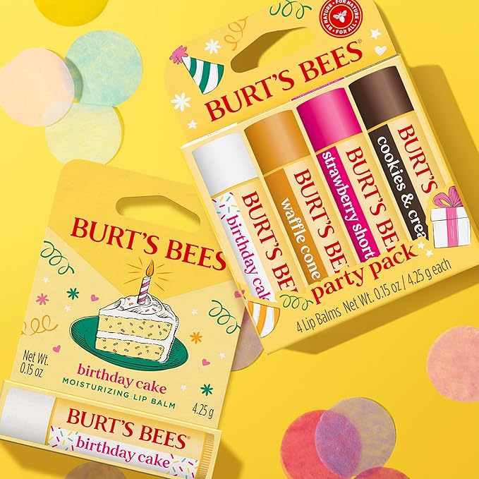 Burt's Bees Lip Balm Party Pack - Birthday Cake, Waffle Cone, Strawberry Shortcake, and Cookies & Cream, All Day Moisturizer, Tint-Free, Natural Origin Conditioning Lip Treatment, 4 Tubes, 0.15 oz.-Velvo Beauty