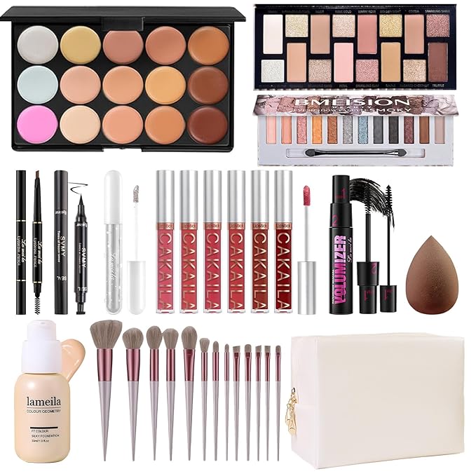 Makeup Present Set for Teen Girl Women, Travel Makeup Kit, Makeup Full Kit for Beginner, Makeup Bundle Include 2 Matte & Shimmer Eyeshadow Palettes, Liquid Glitter Eyeshadow & Eyeliner-Velvo Beauty