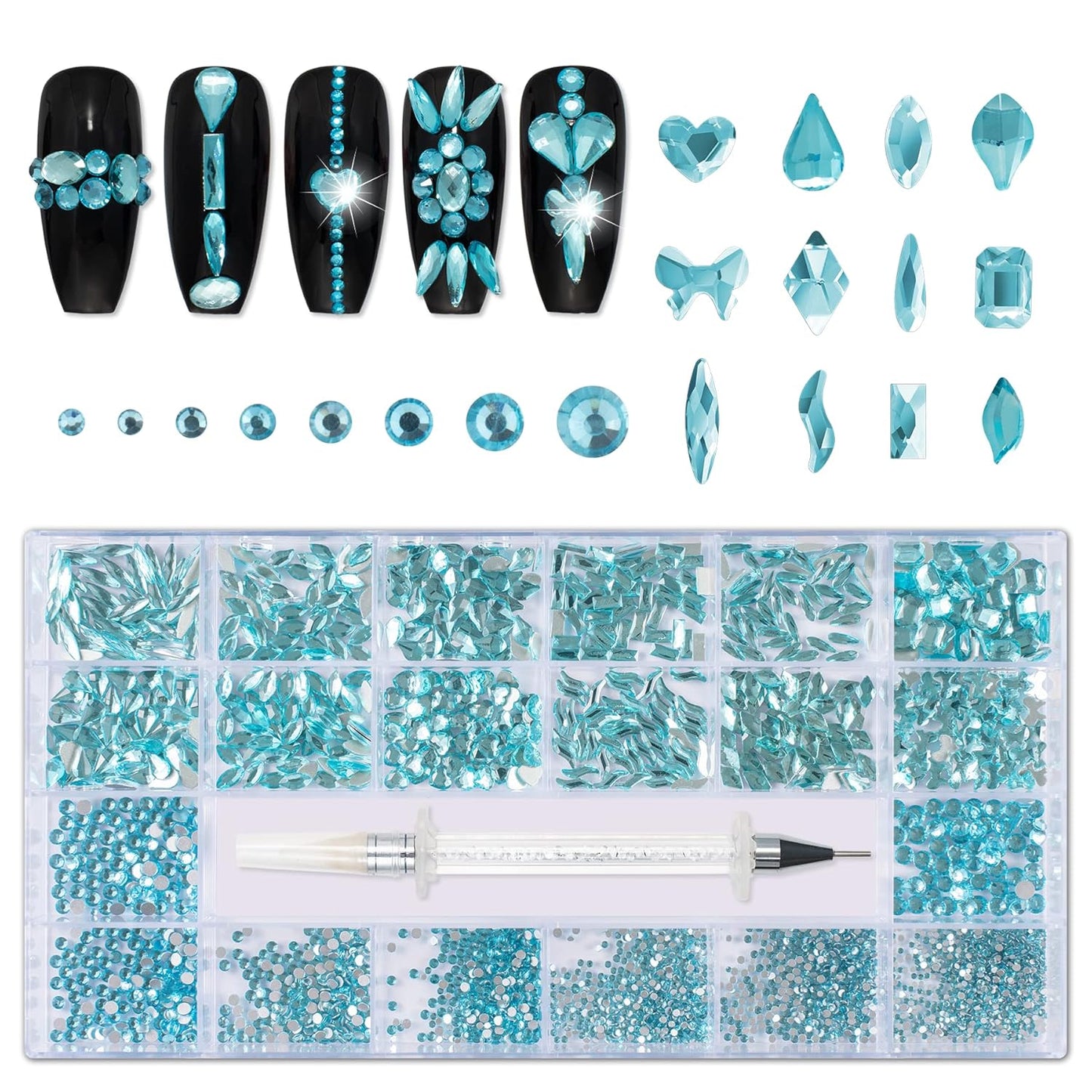 Nail Rhinestones Kit, Nail Art Decorations with Wax Pencil Flat AB Rhinestones Kit DIY Crafts Gemstones for Nail, Shoes, Clothes, Jewels (600 Aquamarine Diamonds + 2500 Flat Rhinestones)…-Velvo Beauty