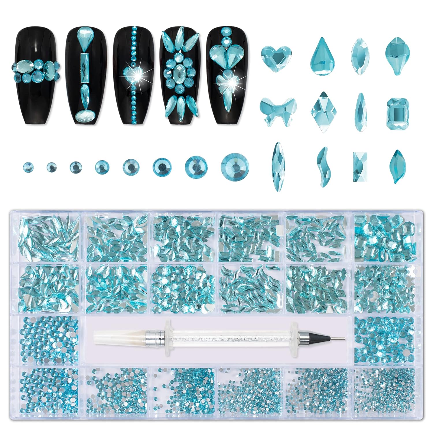 Nail Rhinestones Kit, Nail Art Decorations with Wax Pencil Flat AB Rhinestones Kit DIY Crafts Gemstones for Nail, Shoes, Clothes, Jewels (600 Aquamarine Diamonds + 2500 Flat Rhinestones)…-Velvo Beauty
