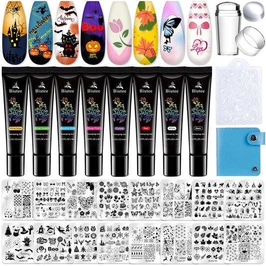 Biutee Nail Stamper Kit 16Pcs Nail Art Stamping Plate 8 Colors Stamp Polish Gel Silicone Stamper Scraper with Storage Bag, Nail Stamp Plates Love Flower Butterfly Leaf Template Halloween Design Gift-Velvo Beauty
