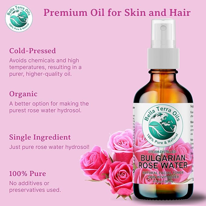 Bella Terra Oils - Organic Rose Water Mist 4 oz - Capture The Bulgarian Rose Essence, Perfect as a Gentle Rosewater Face Mist, Free from Synthetics-Velvo Beauty