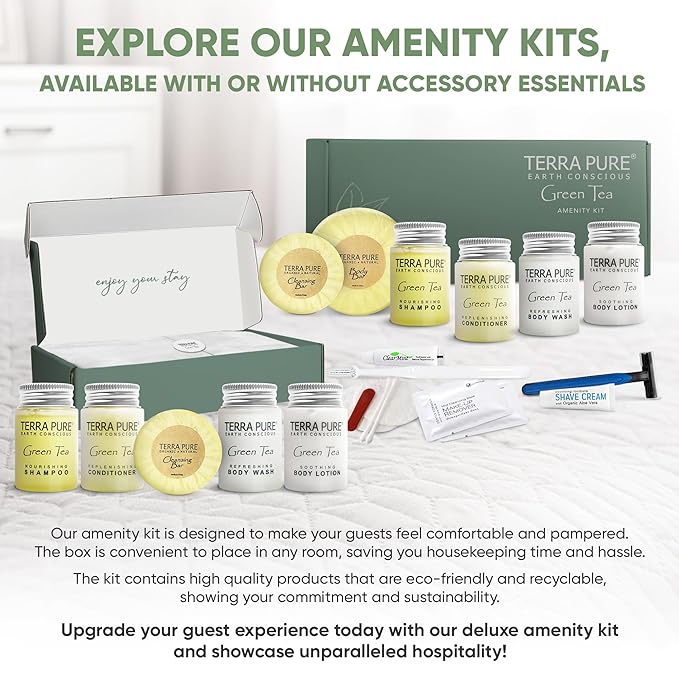 Terra Pure Green Tea Amenity Kit | Boxed Hotel Toiletries | Bulk Set 1oz Travel Size Shampoo, Conditioner, Lotion, Body Wash & Body Bar Soap for Guest Hospitality AirBnB/Vacation Rentals | 1 set/ case-Velvo Beauty
