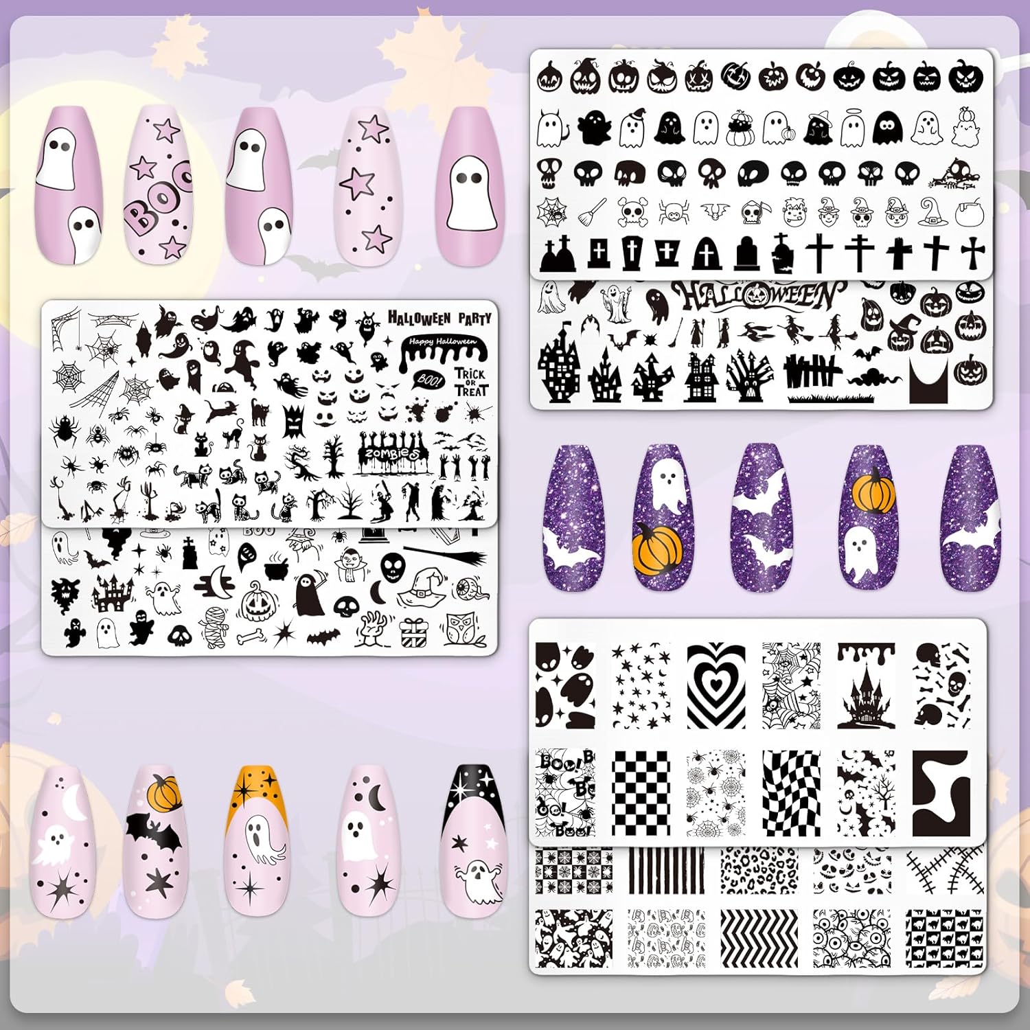 Whaline 6Pcs Halloween Nail Plates Stamping Set Pumpkin Ghost Skull Stamp Templates Nail Art Plates for DIY Print Manicure Salon Design Gift-Velvo Beauty