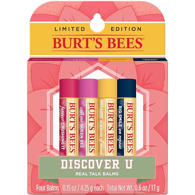 Burt's Bees Lip Balm, Moisturizing Lip Care, 100% Natural, Discover U - Original Beeswax, Watermelon, Dragonfruit Lemon & Vanilla (4 Pack)-Velvo Beauty